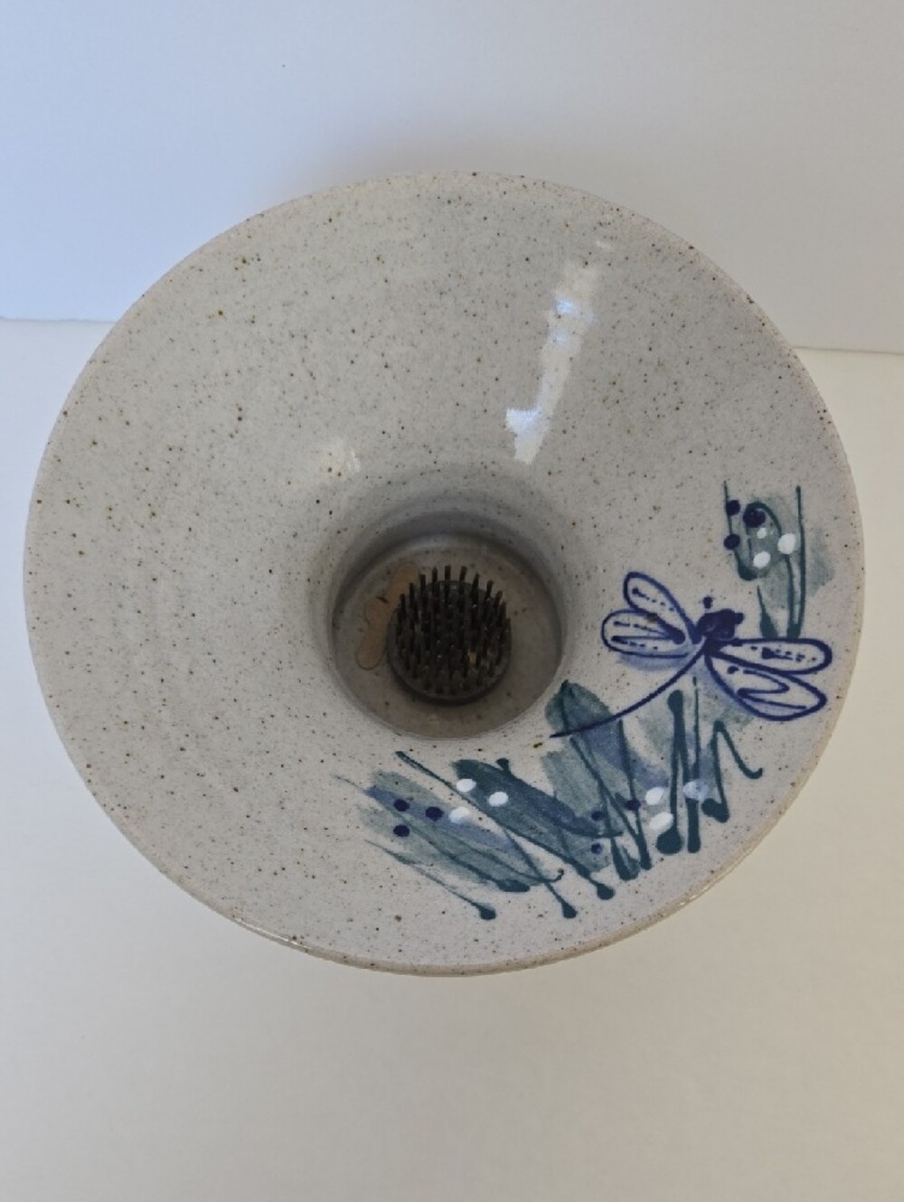 Great Bay Pottery Dragonfly Design Ikebana Flower Frog Vase - Picture 3 of 12